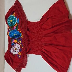Vibrant Red Floral Embroidered Blouse